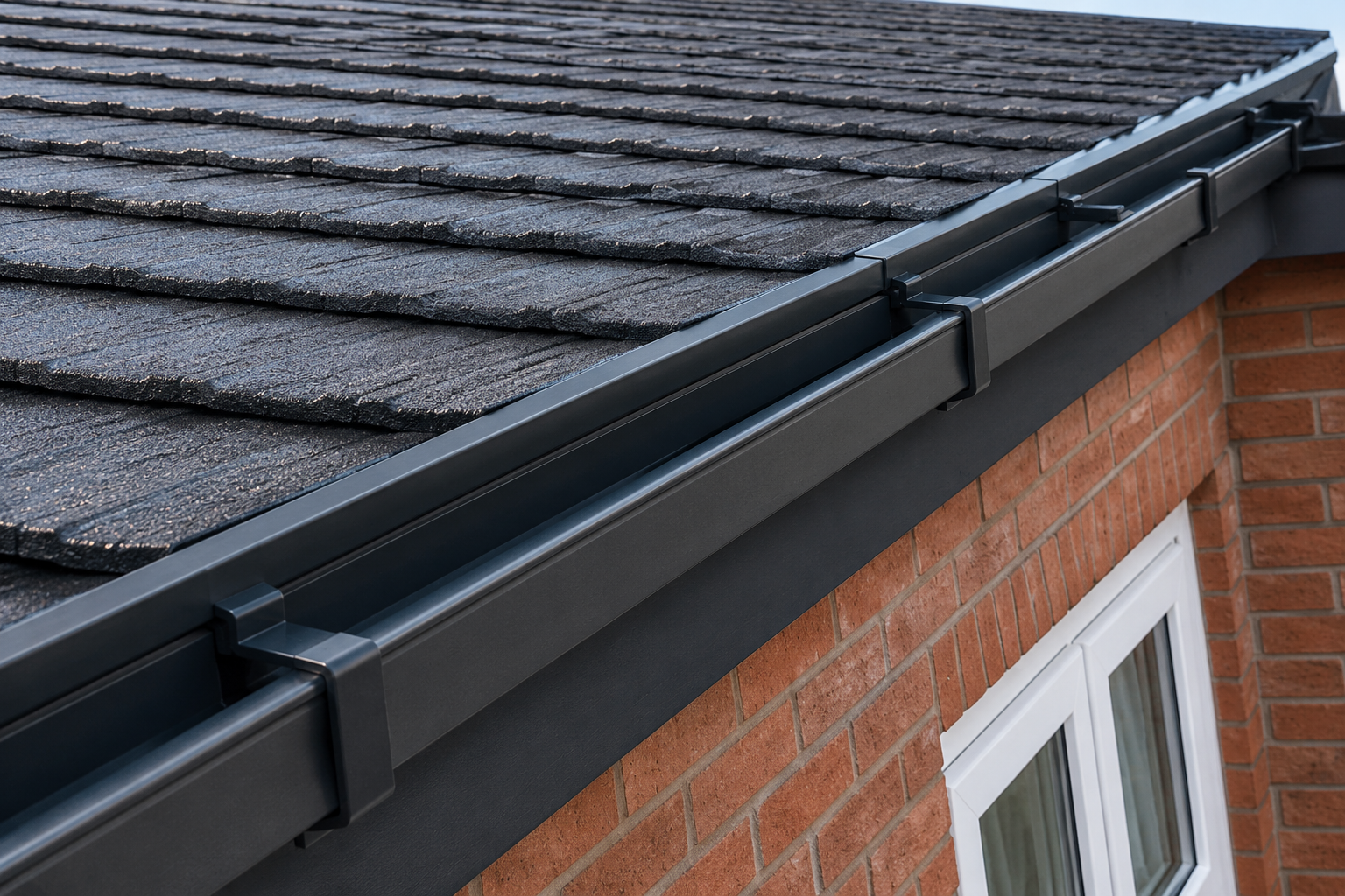 Block property gutter after maintenance — gutters fully cleared to the channel with the run confirmed free-flowing