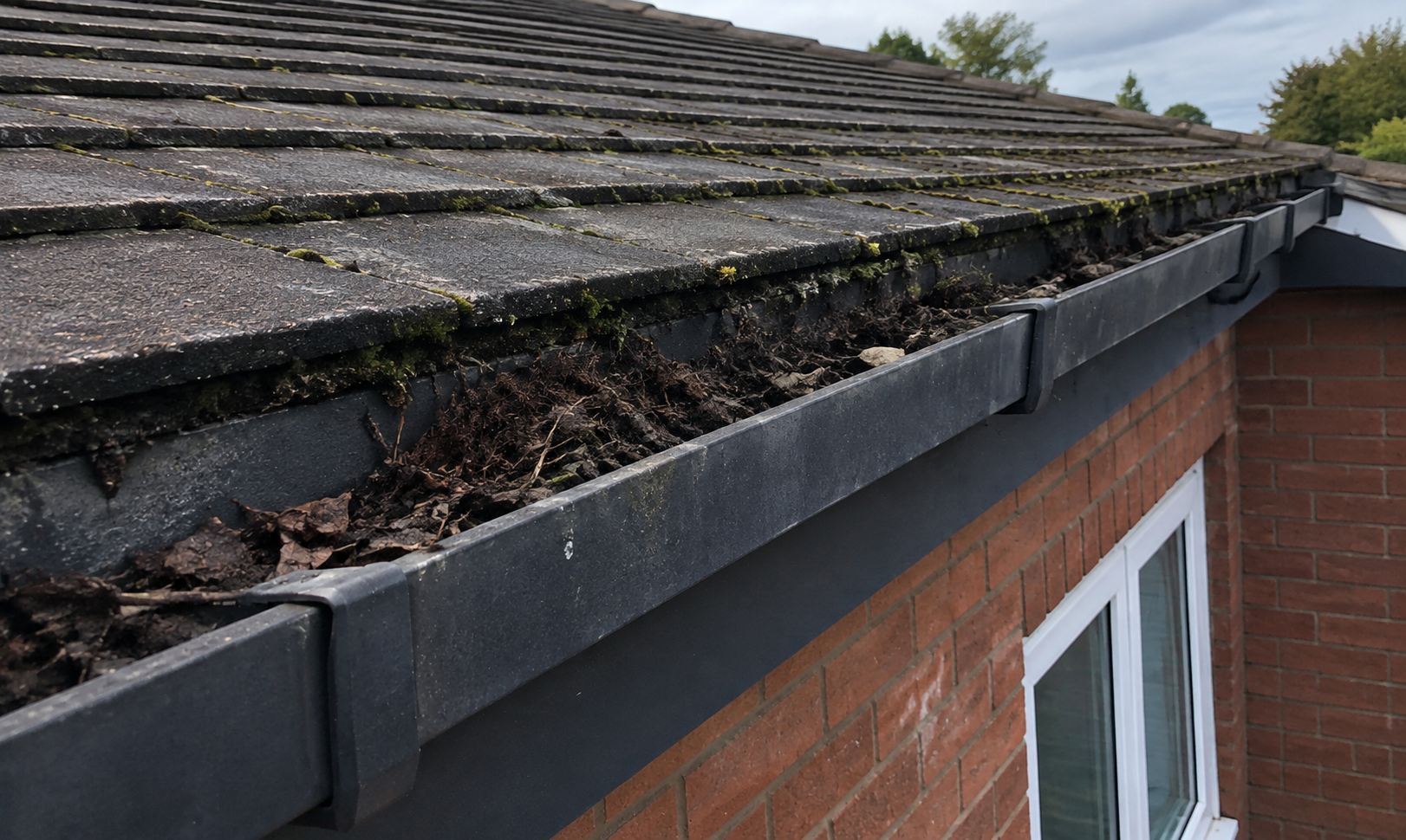 Block property gutter before maintenance — compacted debris, silt and moss accumulated across the communal gutter run